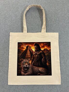 Aztec Warrior & Jaguar Shopping Tote Bag Mayan Temple & Volcanic Sunset Epic Art